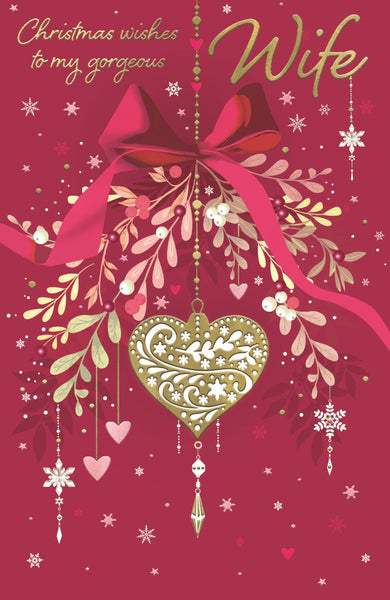 Wife Christmas Card – Hearts & Flowers, Large Greeting Card