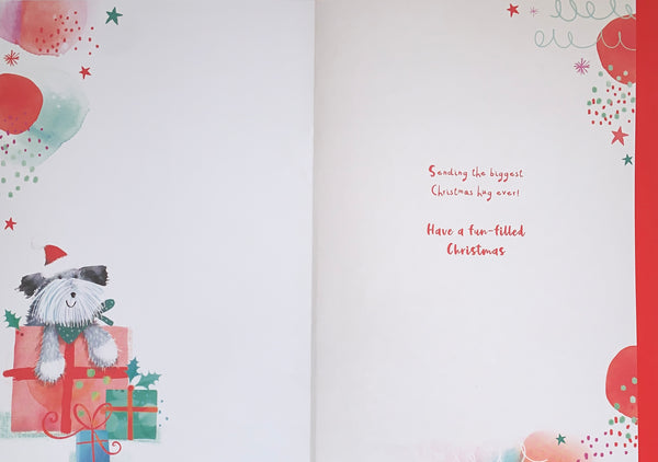 Grandson 1st Christmas card - cute dog and gifts