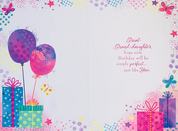 Great Granddaughter Birthday Card | Balloons & Butterflies Design | Silver Foil Finish