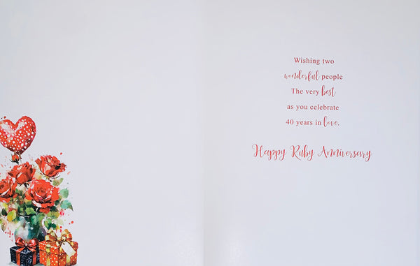 Ruby anniversary card - roses, hearts and balloons