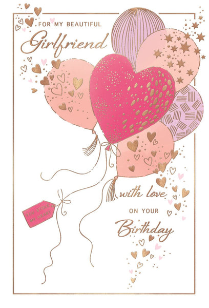 Girlfriend birthday card - hearts and balloons