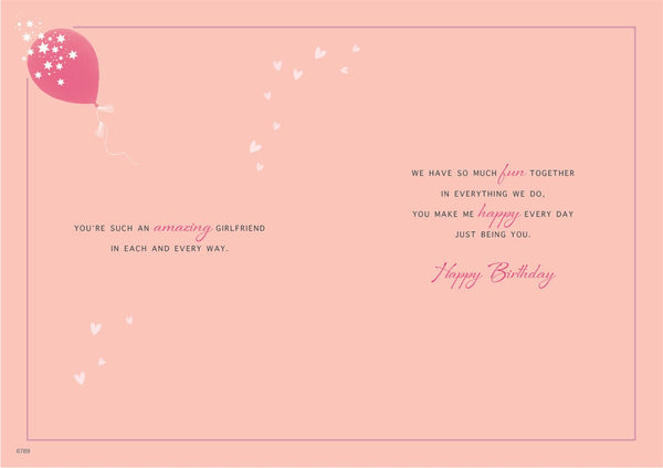 Girlfriend birthday card - hearts and balloons