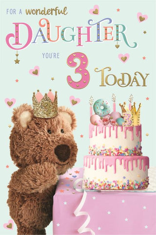 Daughter 3rd birthday card- cute bear and cake