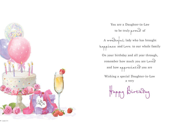 Daughter in law birthday card- cake and balloons