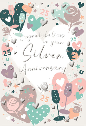 Silver anniversary card - modern hearts