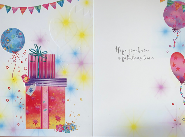 Birthday card for her- colourful balloons and gifts