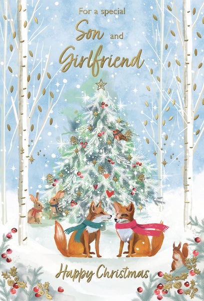 Son and girlfriend Christmas card - winter woodland