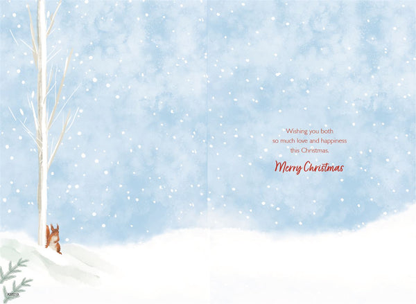 Son and girlfriend Christmas card - winter woodland