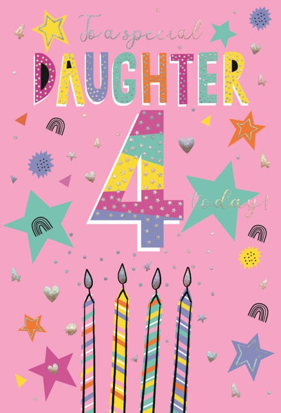 Daughter 4th birthday card- rainbow candles
