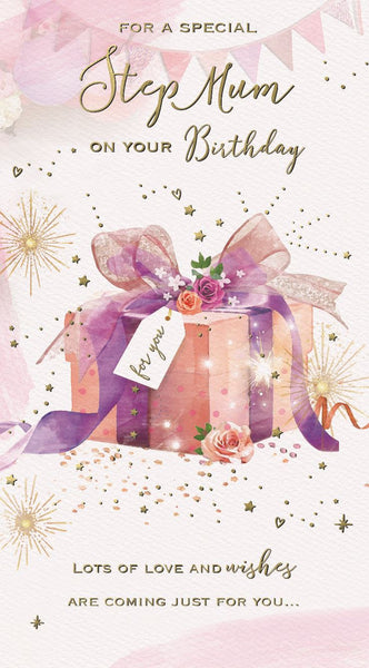 Step-Mum Birthday Card | Pink Gift & Flowers | Gold Foil