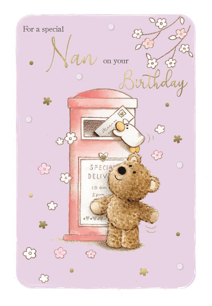 Nan birthday card - cute bear with flowers