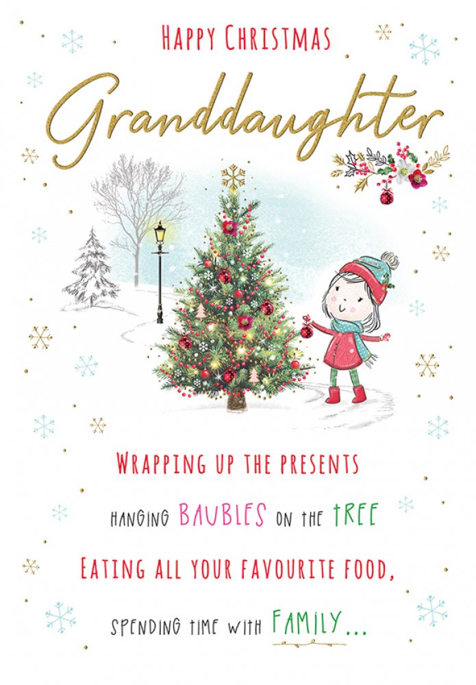 Granddaughter Christmas card - cute decorating xmas tree