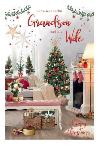Grandson and Wife Christmas card - Christmas tree and fireside