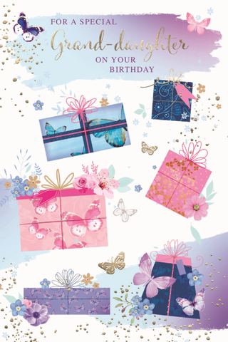 Granddaughter birthday card- gifts and butterflies