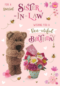 Sister in law birthday card- cute bear and flowers