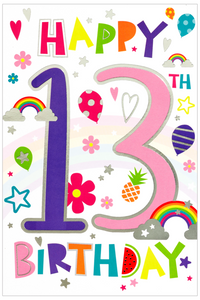 Age 13 birthday card- rainbows and balloons