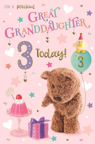 Great Granddaughter age 3 birthday card- cute bear