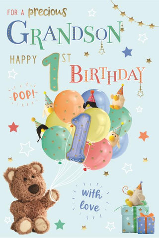 Grandson 1st birthday card- bear and balloons