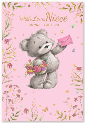 Niece birthday card- cute bear with flowers