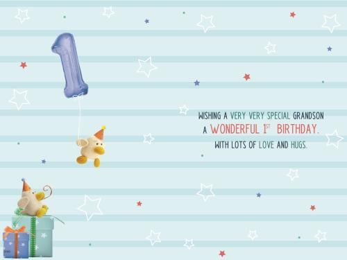 Grandson 1st birthday card- bear and balloons