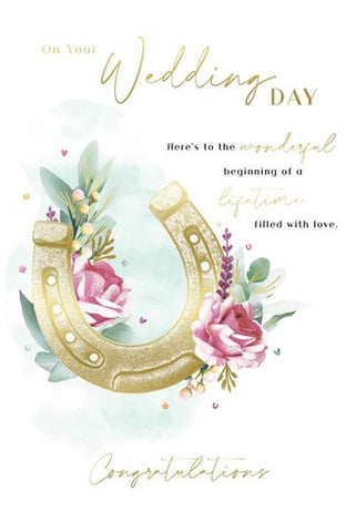 Wedding day card- horseshoe and flowers