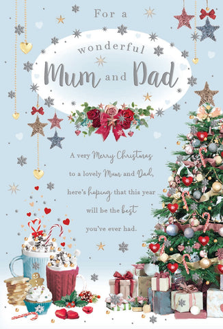 Mum and Dad Christmas card- Xmas tree and hot chocolate