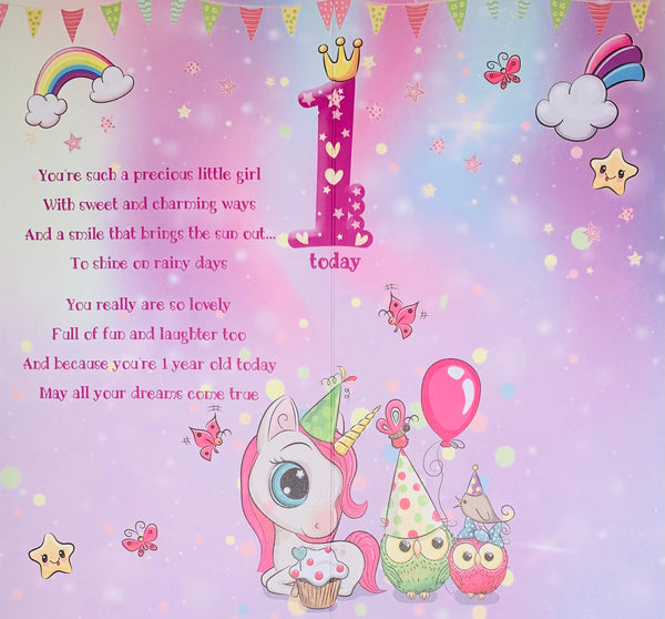 Age 1 birthday card- cute unicorn and rainbow