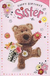 Sister birthday card Barley bear with bucket of flowers