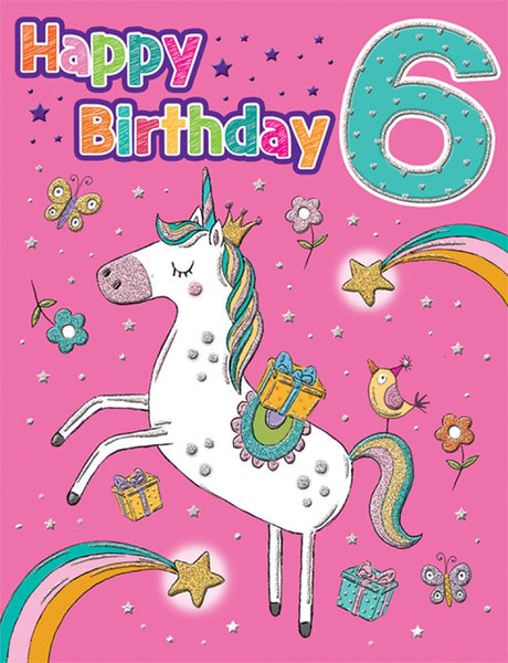 Age 6 birthday card- rainbow unicorn