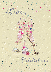 General birthday card for her- champagne and butterflies