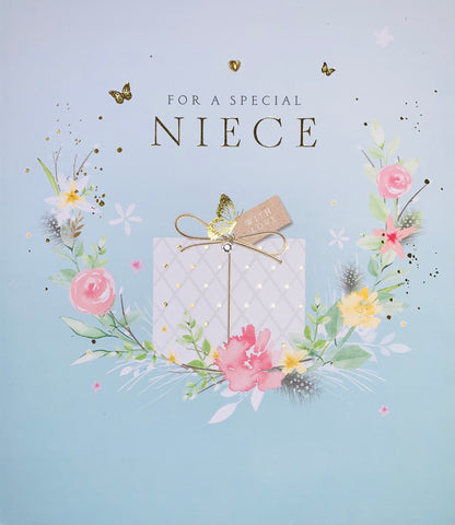 Niece birthday card beautiful present and flowers