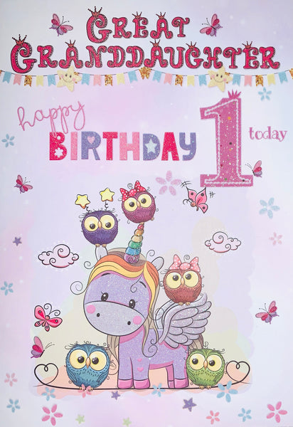 Great-Granddaughter 1st birthday card unicorn