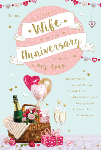 Wife anniversary card - balloons and flowers