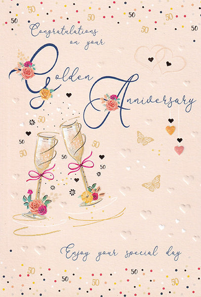 Golden anniversary card- champagne and love hearts