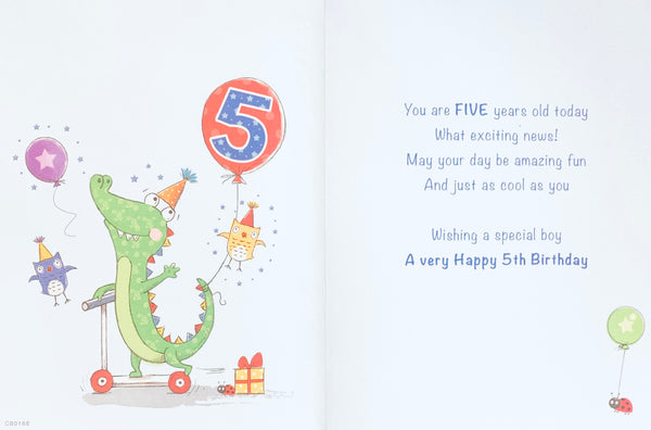 Age 5 birthday card- cute crocodile