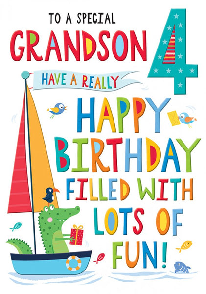 Grandson 4th birthday card- cute crocodile