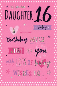 Daughter 16th birthday card - bright pink and sparkle