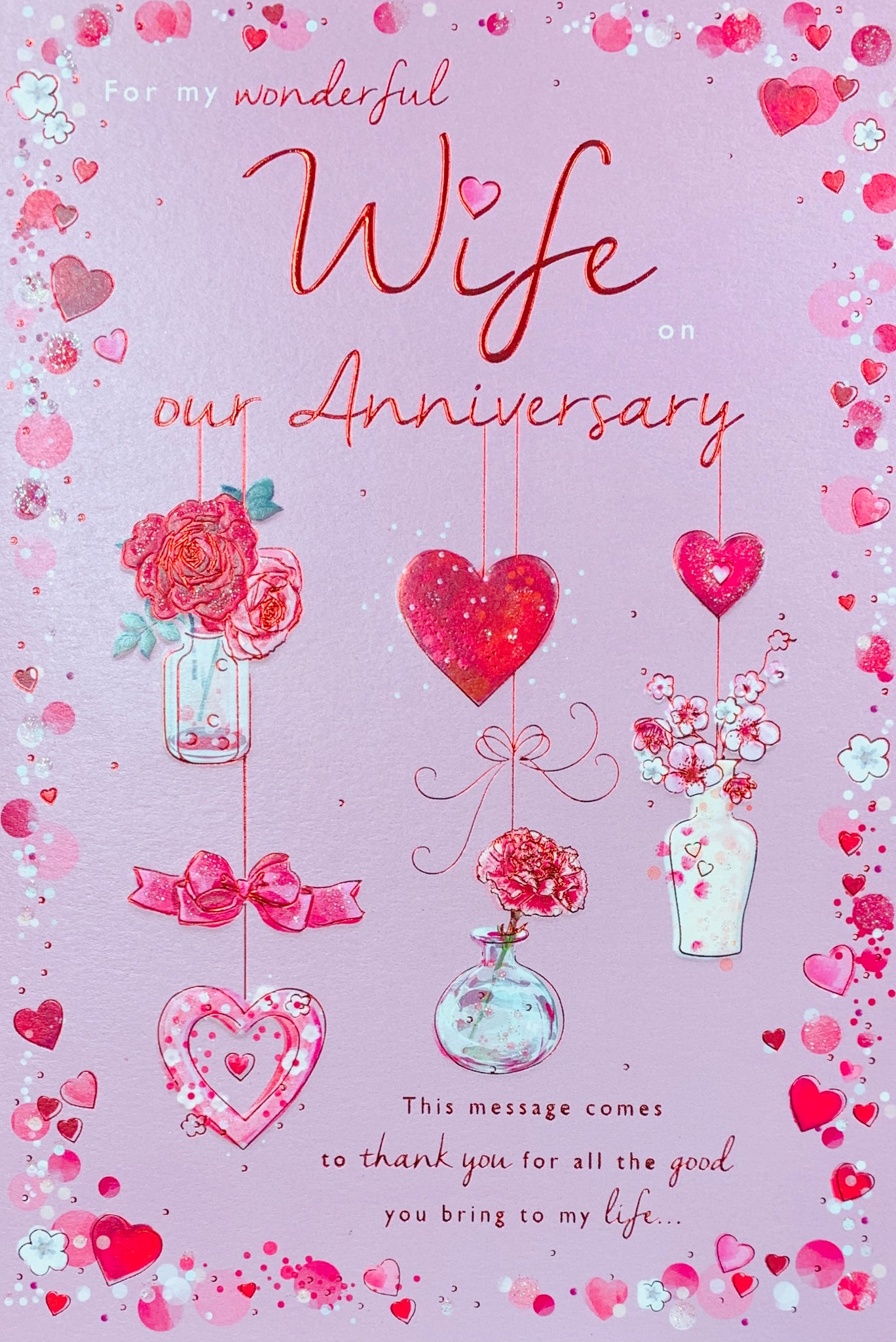 Wife anniversary card - hearts and flowers