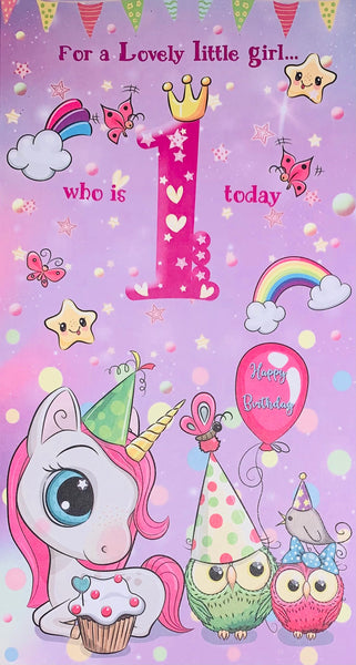 Age 1 birthday card- cute unicorn and rainbow