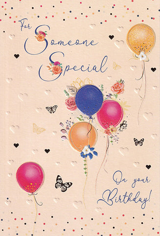 Someone Special birthday card- pretty in peach balloons and butterflies