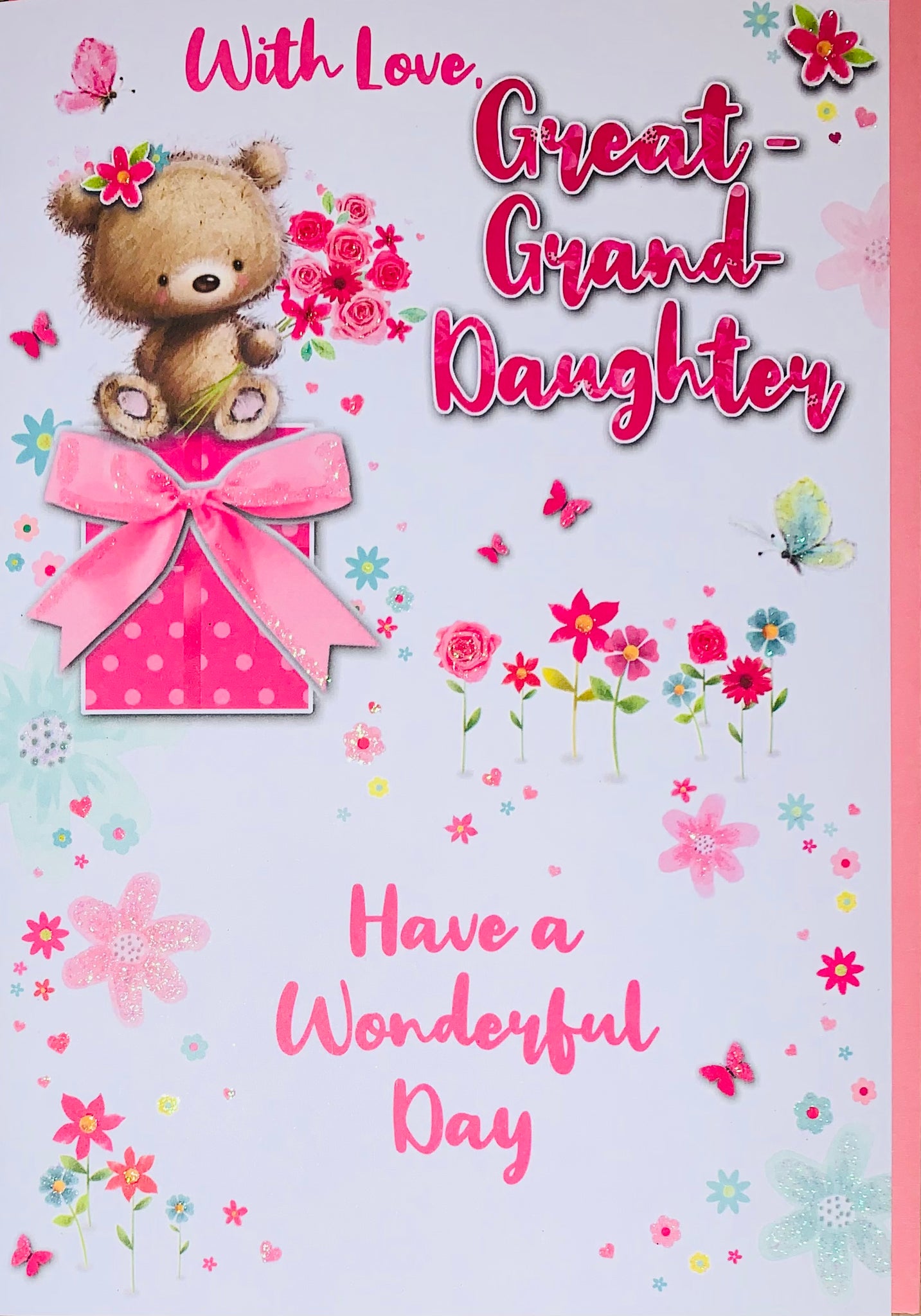 Great-Granddaughter birthday card- cute bear and gift