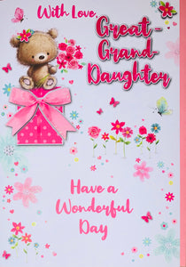 Great-Granddaughter birthday card- cute bear and gift