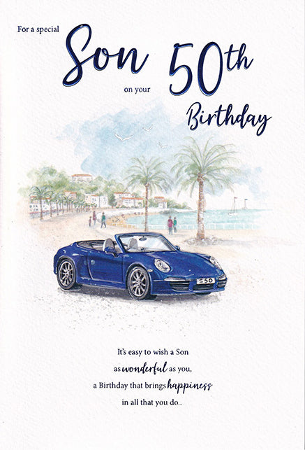 Son 50th birthday card blue sports car