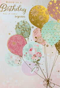 Birthday card for her- bright gold balloons