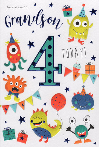 Grandson 4th birthday card - cute monsters