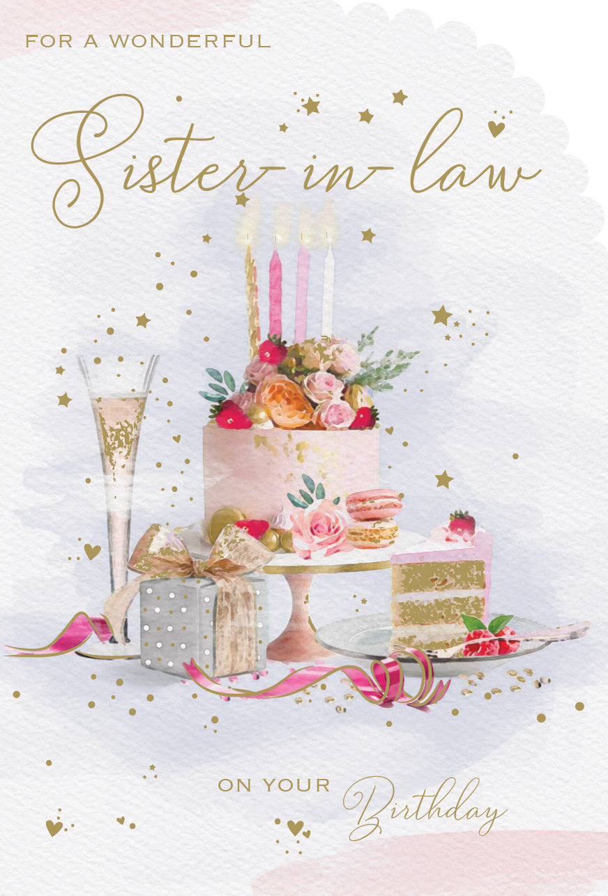 Sister-in-law birthday card- sparkling cake and Prosecco