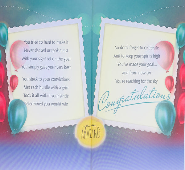 Congratulations card balloons and champagne