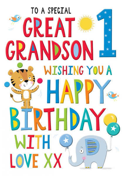 Great-Grandson 1st birthday card- cute tiger