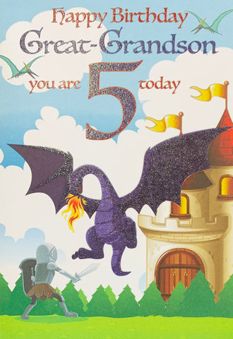 Great-Grandson 5th birthday card- dragon and knight
