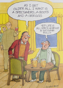 Funny birthday card- specs, and sausage rolls